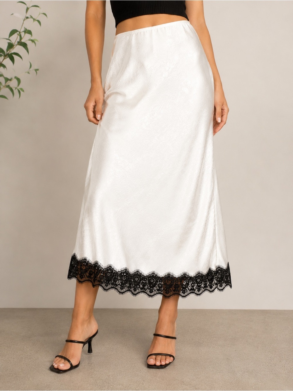 NWT A New Day Ivory Satin Slip Skirt Black Lace Hem Size Small Midi